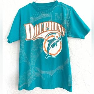 VINTAGE 1994 MIAMI DOLPHINS NFL ALL OVER PRINT SINGLE STITCH GRAPHIC SHIRT SZ L